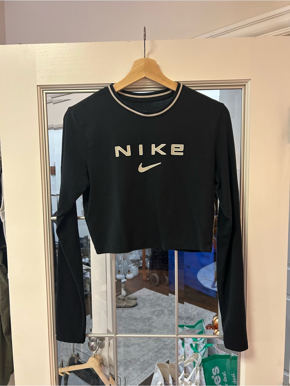 Nike Black Cropped Long Sleeve Top with White Logo- never worn
